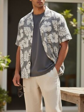 Men's GEORGE Casual Button Down Shirt L Gray White Floral